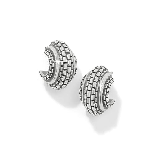 Brighton hoop earrings with textured silver-plated basketweave design in a double-row curved shape on a white background