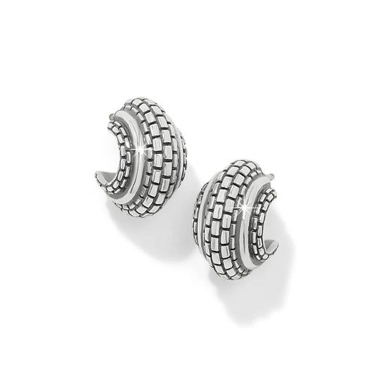 Brighton hoop earrings with textured silver-plated basketweave design in a double-row curved shape on a white background