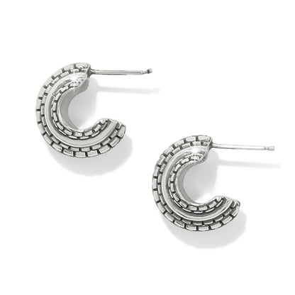 Brighton hoop earrings with silver-plated textured brick pattern and post backs on a white background