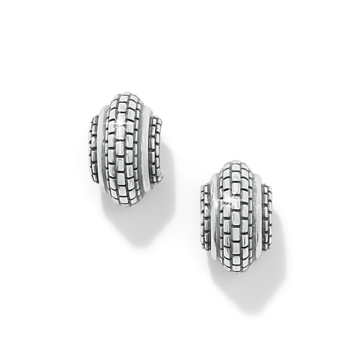 Brighton stud earrings with silver-plated textured beaded dome design and grooved center bands on a white background