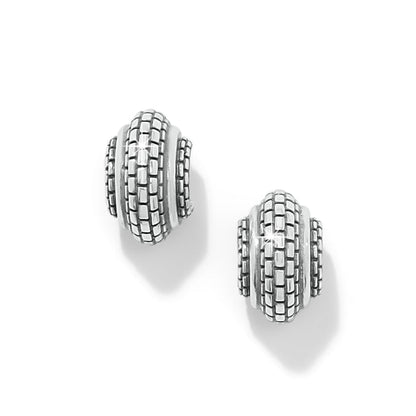 Brighton stud earrings with silver-plated textured beaded dome design and grooved center bands on a white background