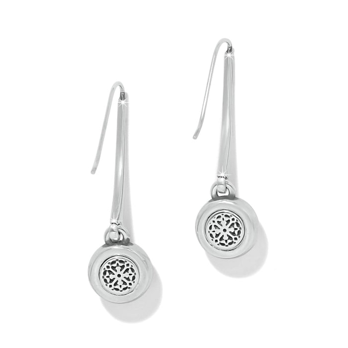 Brighton drop earrings with silver-tone round medallion charms featuring openwork filigree centers on a white background