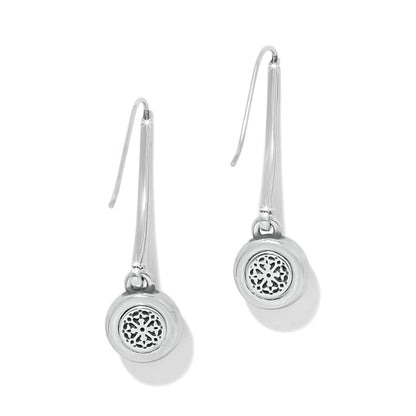 Brighton drop earrings with silver-tone round medallion charms featuring openwork filigree centers on a white background