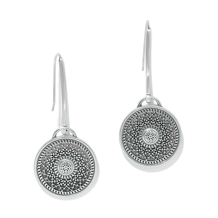 Brighton drop earrings with two-tone round medallions featuring intricate filigree patterns and rope edge detailing on a white background