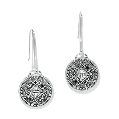 Brighton drop earrings with two-tone round medallions featuring intricate filigree patterns and rope edge detailing on a white background