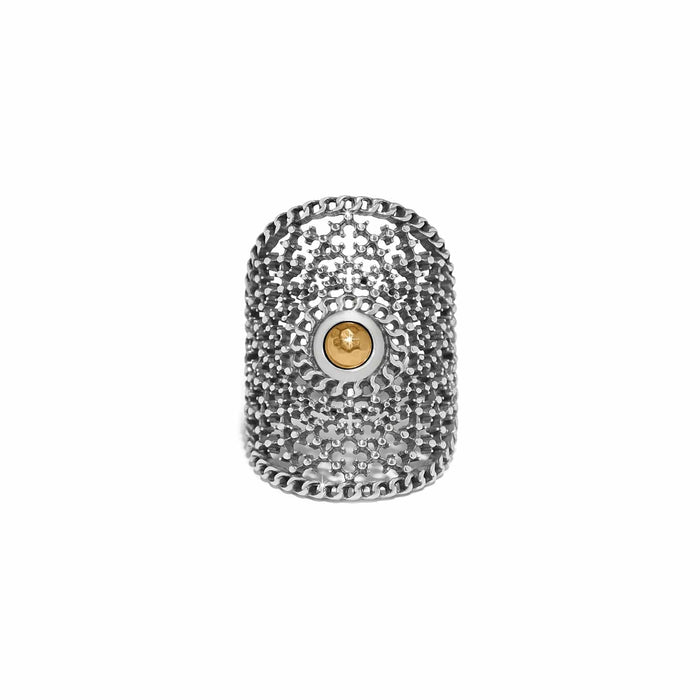 Brighton ring with two-tone filigree lace pattern and small gold-tone center accent on a white background