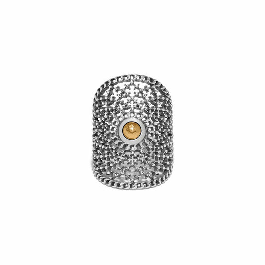 Brighton ring with two-tone filigree lace pattern and small gold-tone center accent on a white background