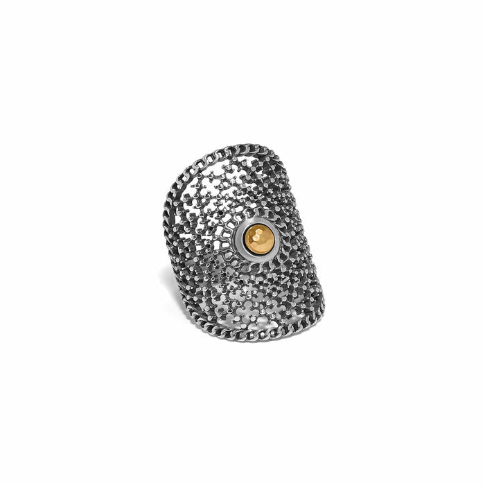 Brighton ring with two-tone openwork lace design and gold-tone center medallion on a white background