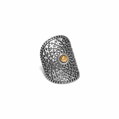 Brighton ring with two-tone openwork lace design and gold-tone center medallion on a white background