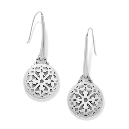 Brighton drop earrings with silver-plated round filigree medallions and French wire hooks on a white background