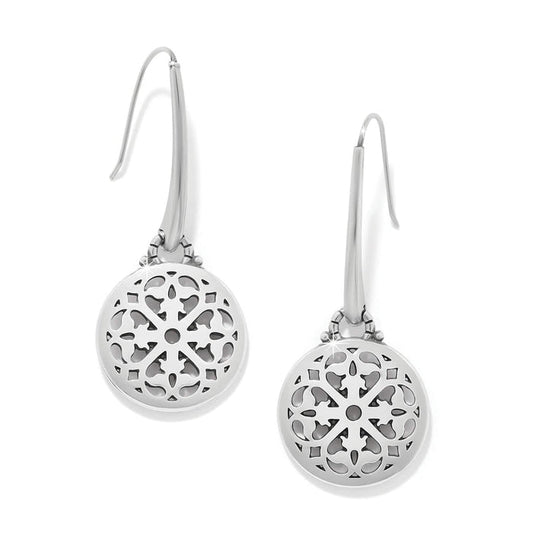 Brighton drop earrings with silver-plated round filigree medallions and French wire hooks on a white background