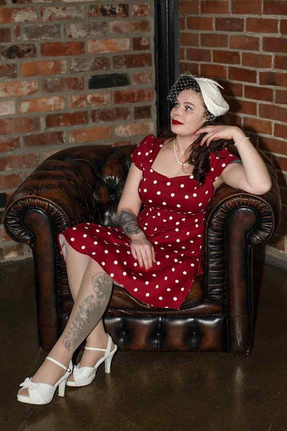 Claudia Fifties Style Polka Dot Dress In Burgundy-White