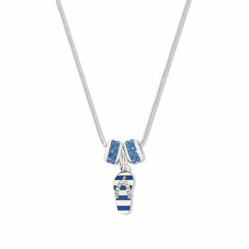 Brighton pendant necklace with blue striped enamel flip-flop charm and two silver-plated crystal rings on a white background