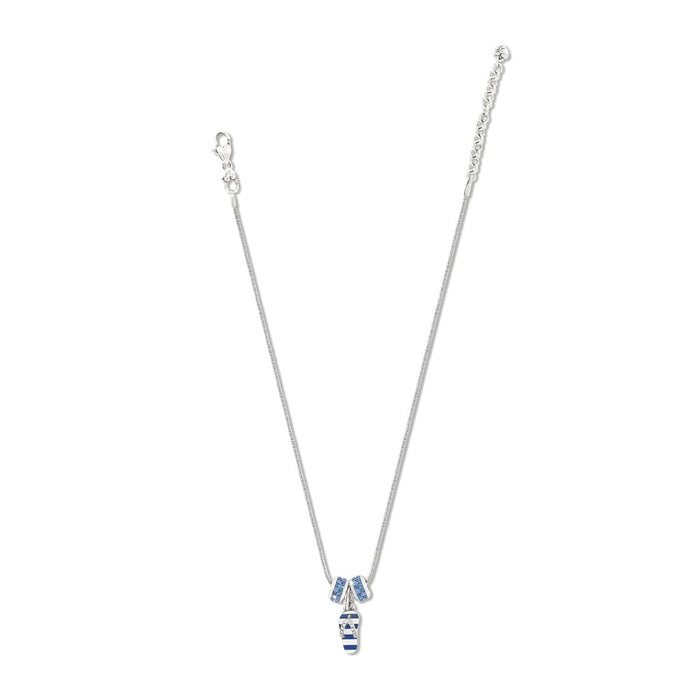 Brighton charm necklace with silver-plated chain, blue crystal rondelles, and enamel flip-flop charm on a white background