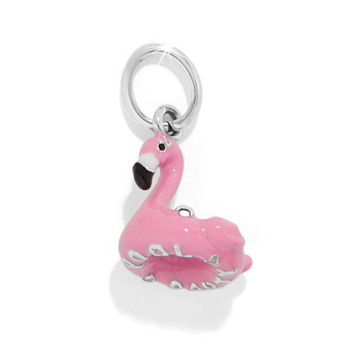 Brighton flamingo float charm with pink enamel and silver-plated ring accent on a white background