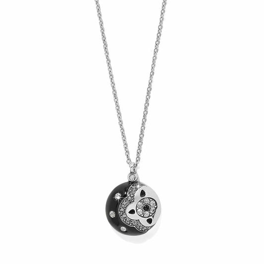 Brighton pendant necklace with black enamel orb, crystal accents, and silver-plated chain on a white background