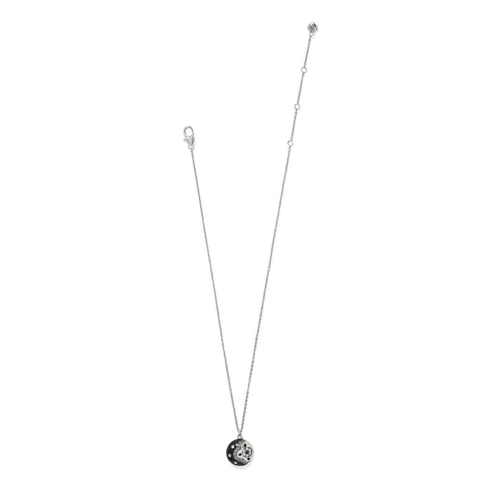 Brighton pendant necklace with black enamel disc, crystal accents, and silver-plated chain with lobster clasp on a white background