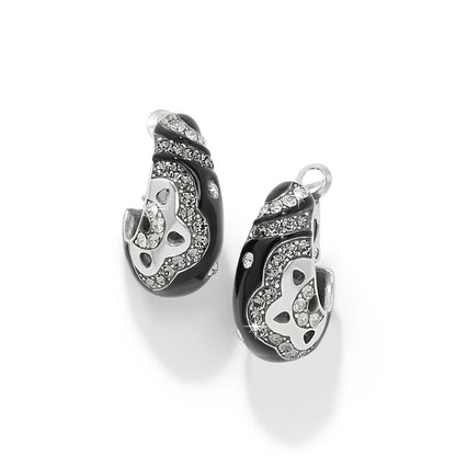 Brighton hoop earrings with black enamel, crystal accents, and silver-plated finish on a white background
