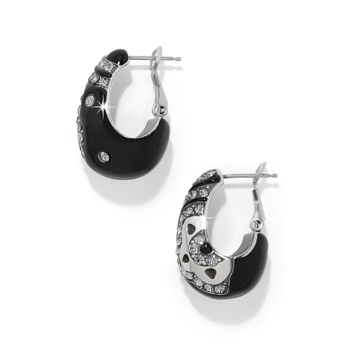 Brighton hoop earrings with black enamel and crystal accents, silver-plated finish, shown from two angles on a white background