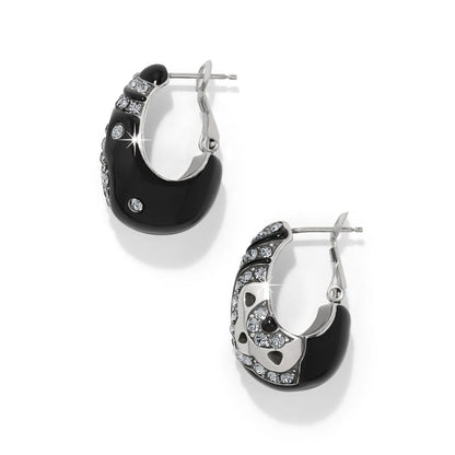Brighton hoop earrings with black enamel and crystal accents, silver-plated finish, shown from two angles on a white background