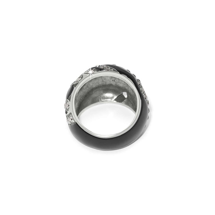 Brighton ring shown from the side with black enamel band, crystal accents, and silver-plated interior on a white background