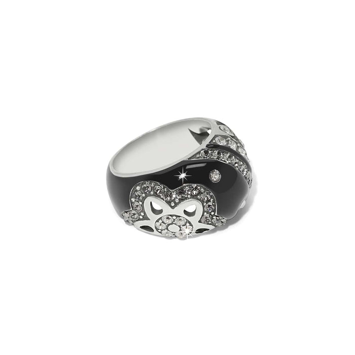 Brighton ring with black enamel, silver-plated heart motif, and crystal accents on a white background
