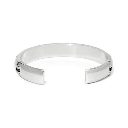 Brighton hinged cuff bracelet shown open with polished silver-plated finish and smooth rectangular ends on a white background
