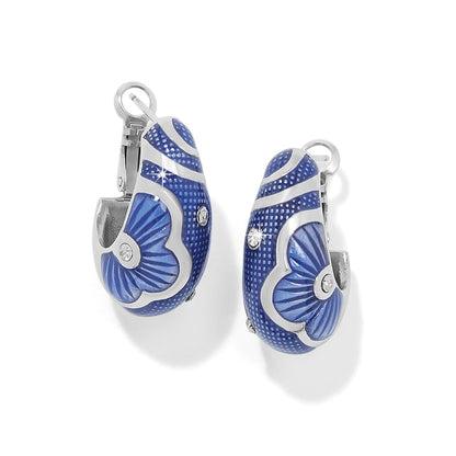 Brighton hoop earrings with blue enamel shell motif, silver-plated accents, and crystal details on a white background