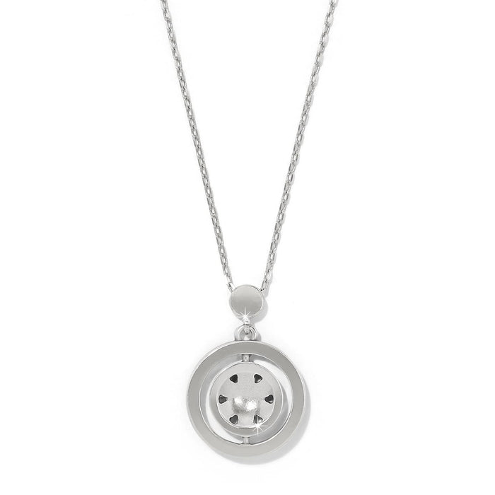 Brighton pendant necklace with silver-plated double circle design and heart cutout details on a white background