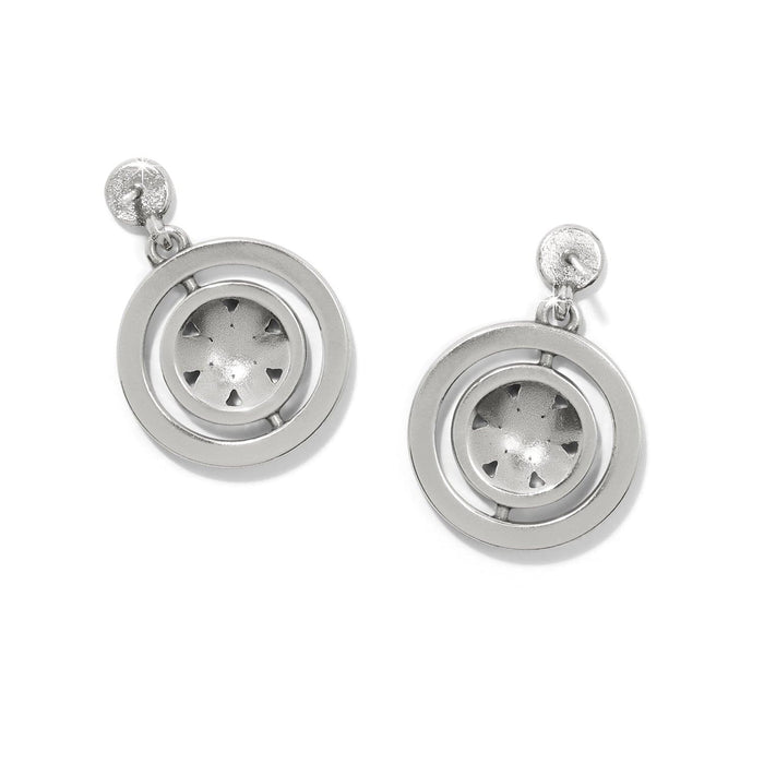 Brighton drop earrings with silver-plated concentric circle design and recessed center medallions on a white background