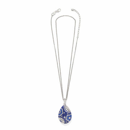 Brighton pendant necklace with blue enamel teardrop, silver-plated floral details, and crystal accents on a white background
