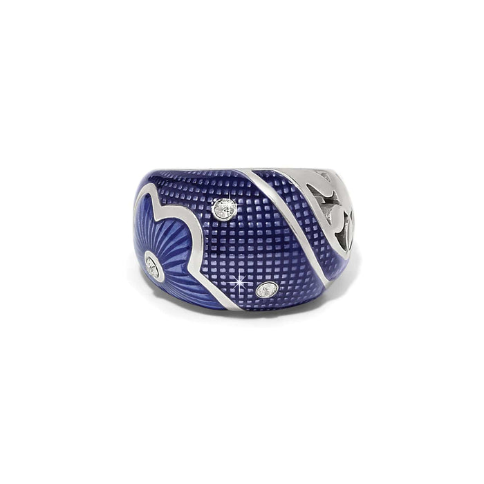 Brighton ring with blue enamel, silver-plated scroll detailing, and crystal accents on a white background