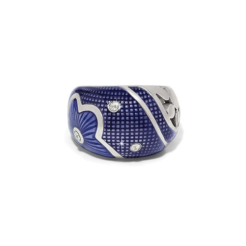 Brighton ring with blue enamel, silver-plated scroll detailing, and crystal accents on a white background