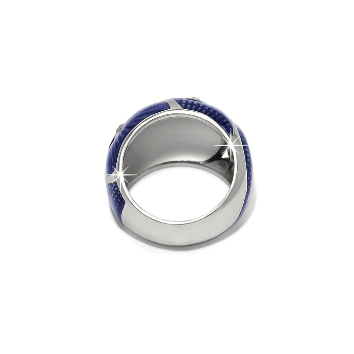 Brighton ring shown from the side with blue enamel band and silver-plated accents on a white background