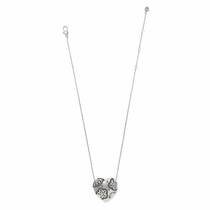 Brighton silver-plated heart pendant necklace with swirl patterns and crystal accents on a white background
