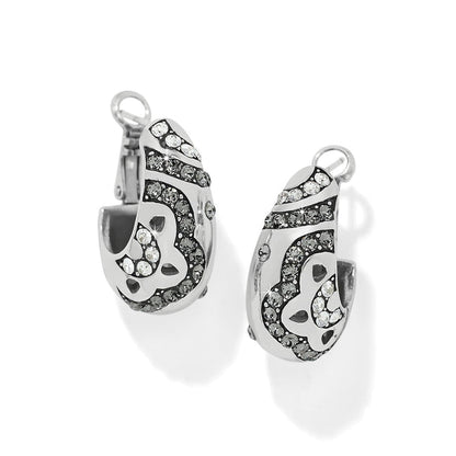 Brighton silver-plated hoop earrings with clear and grey crystals in a swirling pattern on a white background