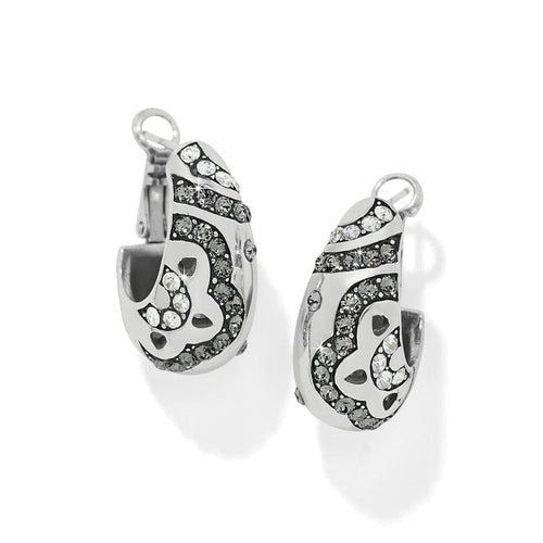 Brighton silver-plated hoop earrings with clear and grey crystals in a swirling pattern on a white background