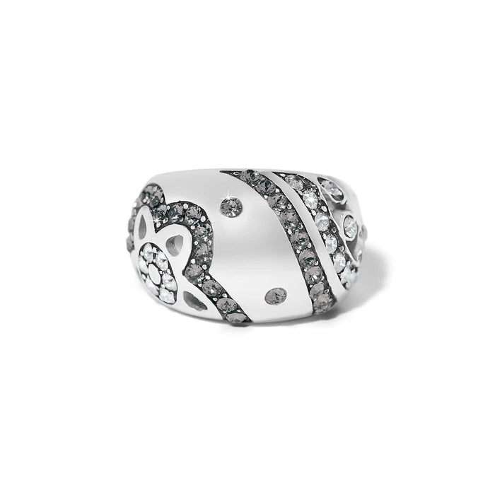 Brighton silver-plated ring with swirled crystal pavé bands and scattered crystal accents on a white background