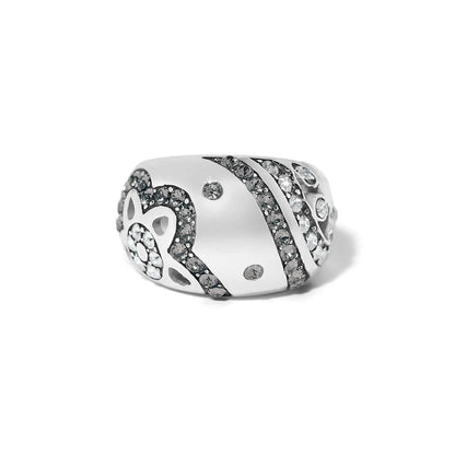 Brighton silver-plated ring with swirled crystal pavé bands and scattered crystal accents on a white background
