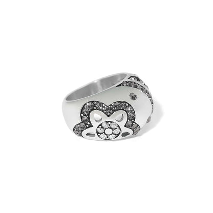 Brighton silver-plated ring with heart and floral cutout design accented by fine quality crystals on a white background