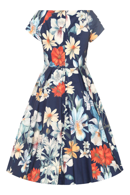 Lily Floral Bunch Off Shoulder Dress In Navy Blue