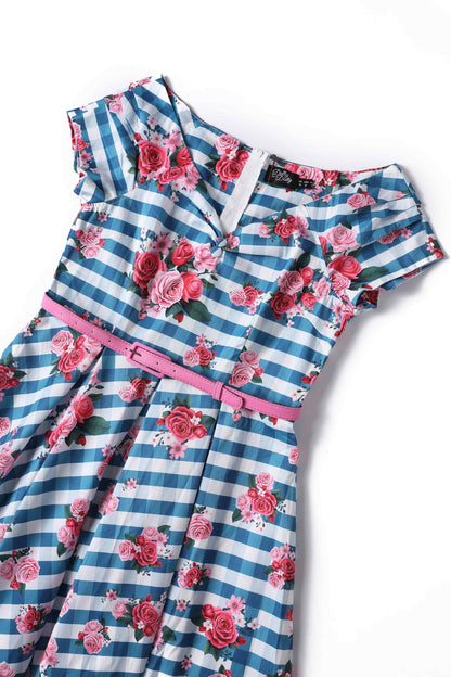 Lily Floral Off Shoulder Dress In Blue Gingham