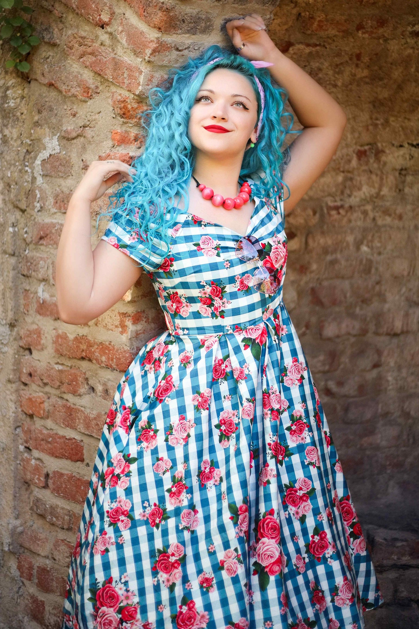 Lily Floral Off Shoulder Dress In Blue Gingham