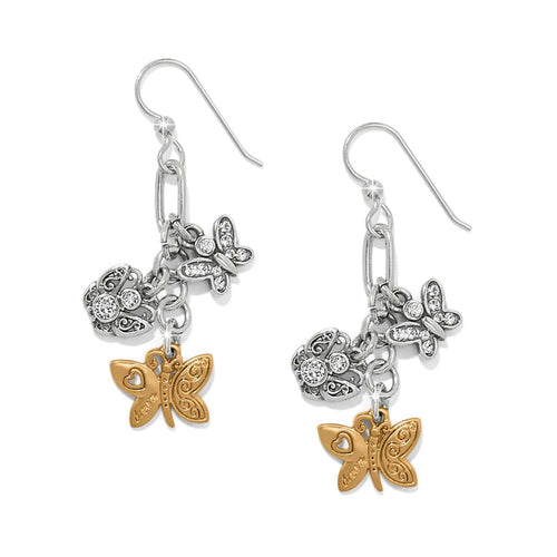 Brighton drop earrings with two-tone butterfly and heart charms accented with crystals on a white background