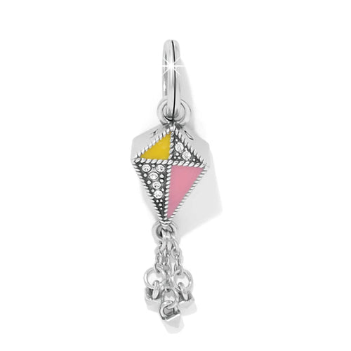Brighton kite charm with yellow and pink enamel, crystal accents, and silver-plated chain tassel on a white background