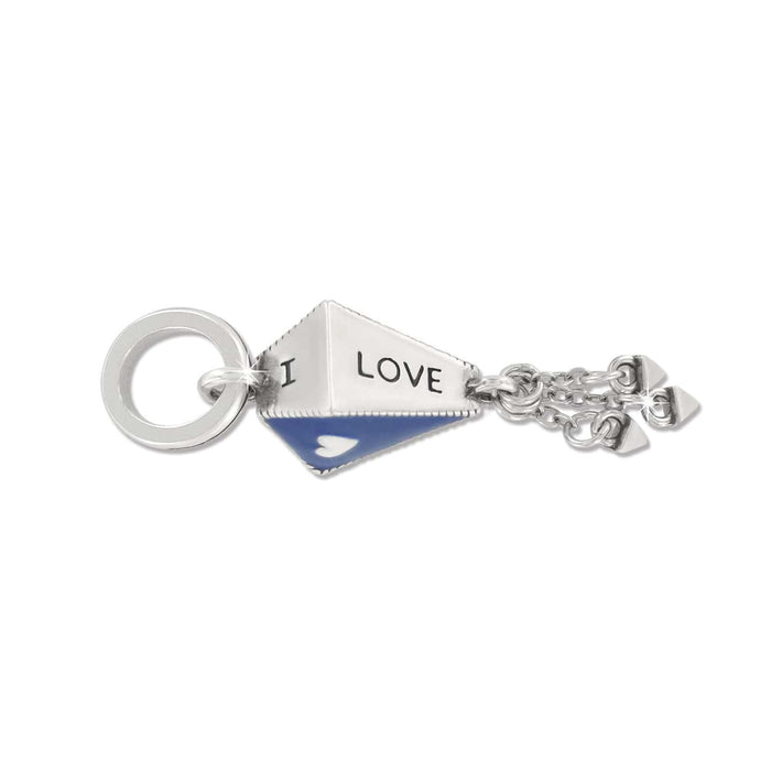 Brighton silver-plated charm with I LOVE engraving, blue enamel accent, and dangling chains on a white background