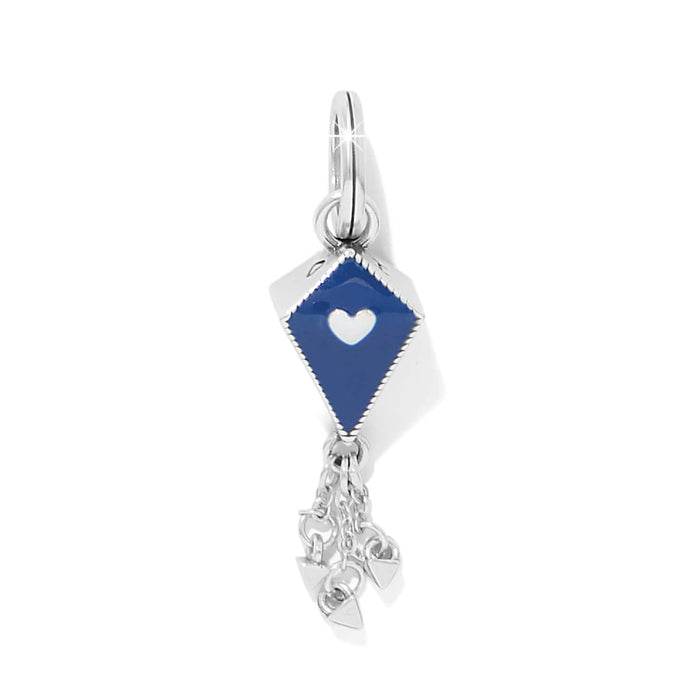 Brighton kite charm with blue enamel, silver-plated heart accent, and dangling chain tassels on a white background