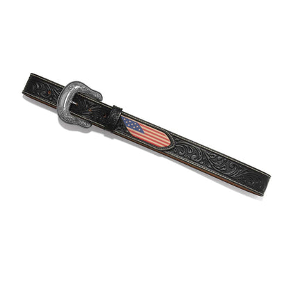 Brighton black leather belt with tooled scroll design, American flag inlay, and ornate silver-tone buckle on a white background