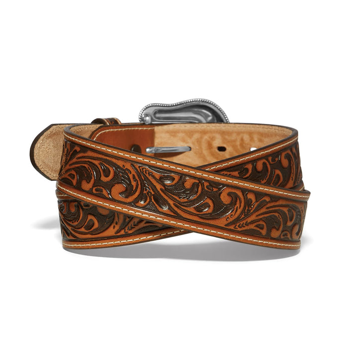 Brighton tooled leather belt with brown scrollwork pattern, contrast stitching, and silver-tone buckle on a white background