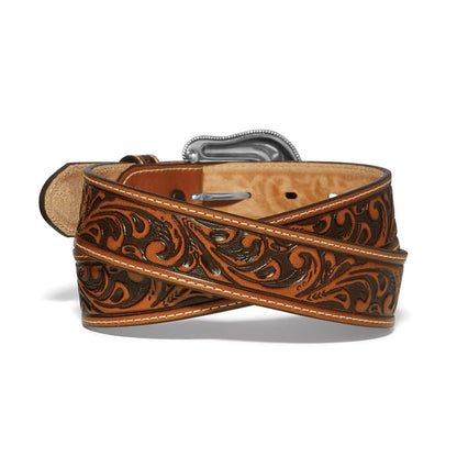 Brighton tooled leather belt with brown scrollwork pattern, contrast stitching, and silver-tone buckle on a white background